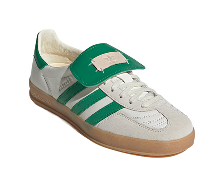 Low-top Gazelle skate shoes with white upper, green ankle strap, lace-up, gum sole