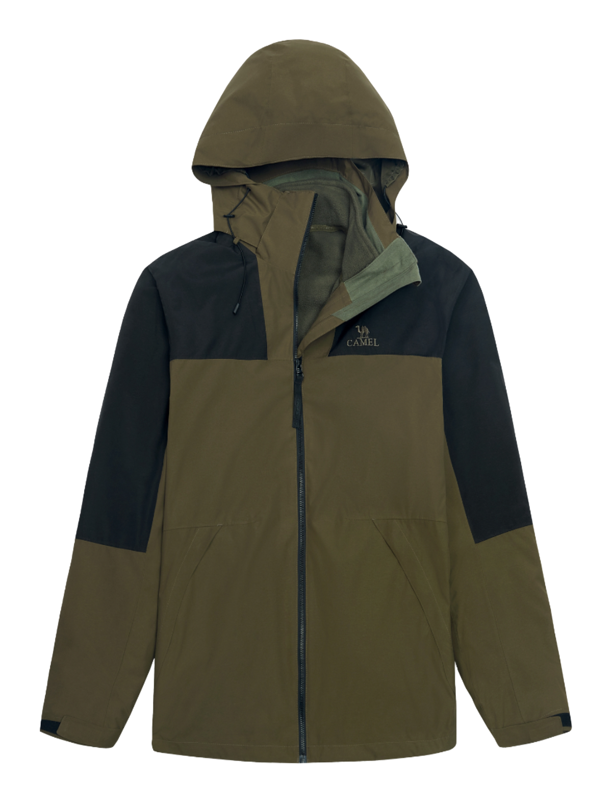 Colorblock windbreaker jacket with hood, full zip, olive green and black panels, CAMEL logo.