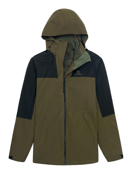 Colorblock windbreaker jacket with hood, full zip, olive green and black panels, CAMEL logo.