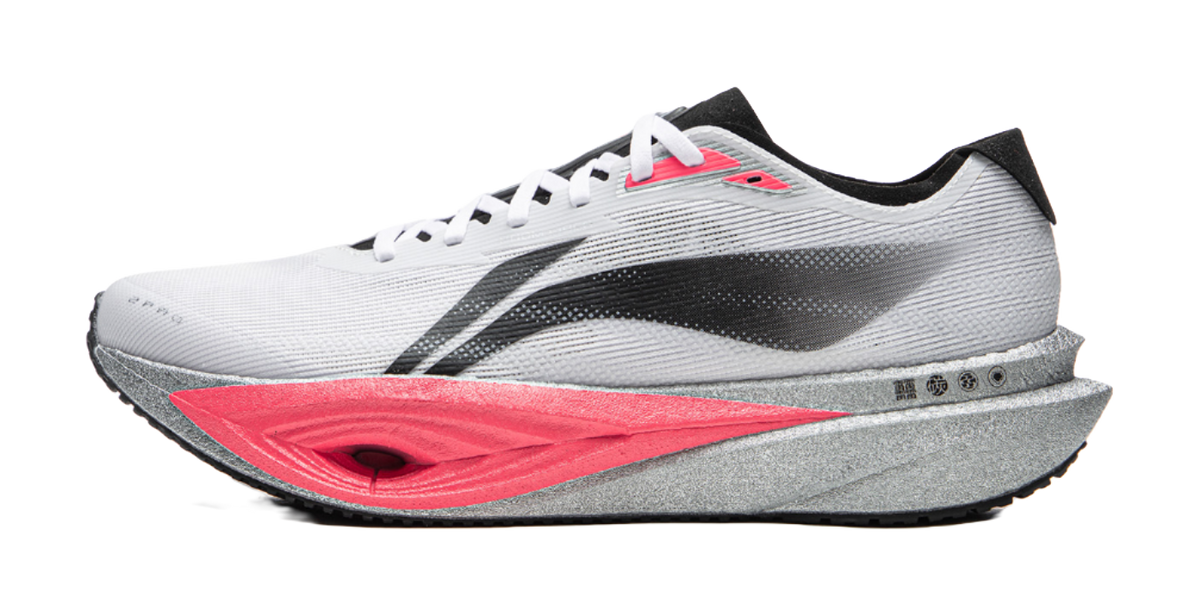 Li-Ning racing running shoe, white mesh upper with black swoosh and red accents