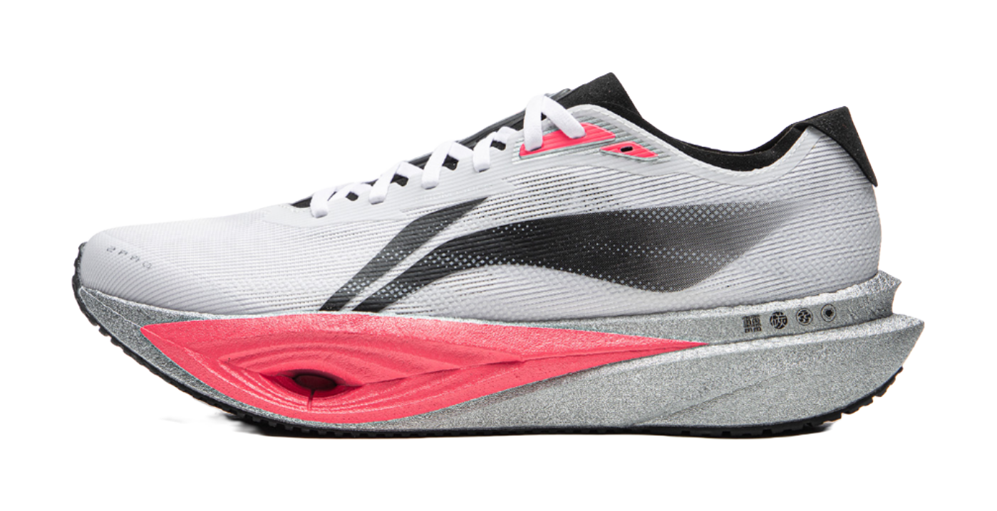 Li-Ning racing running shoe, white mesh upper with black swoosh and red accents