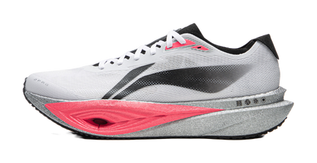 Li-Ning racing running shoe, white mesh upper with black swoosh and red accents