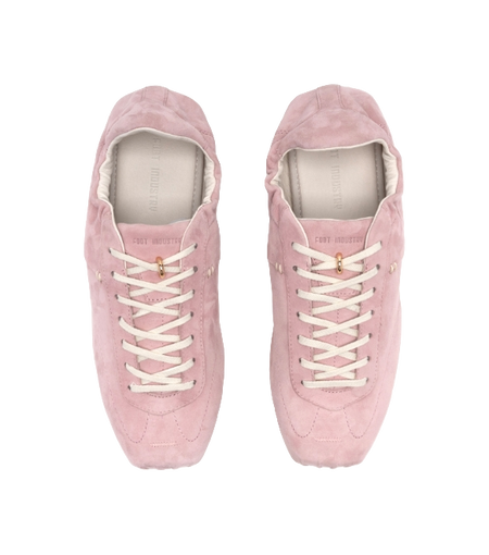 Mist Pink low-top sneakers pair, white laces and gold lace tips, front view.