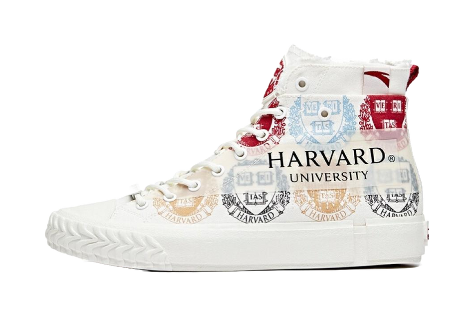 White high-top canvas sneakers with Harvard University print and red/blue lace details