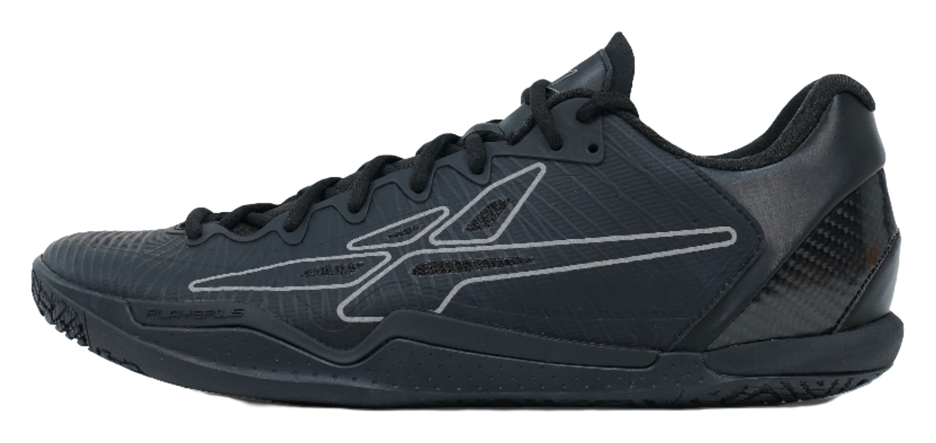 Low-top basketball shoe in black, lace-up, with sporty side logo