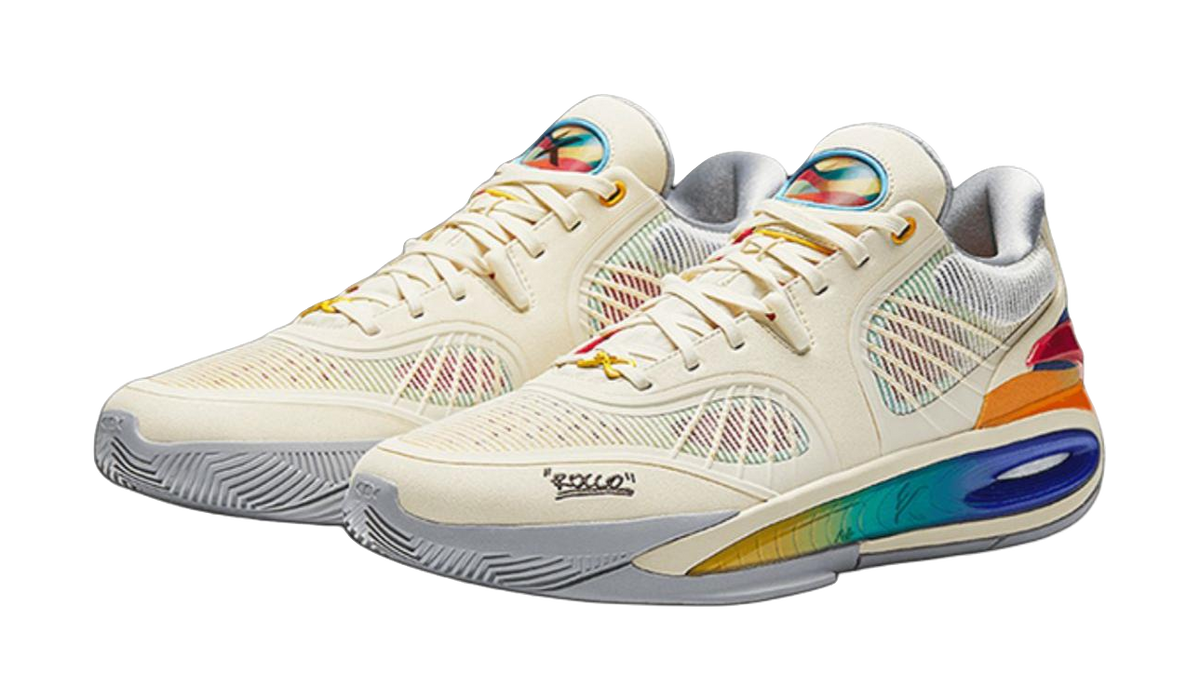 ANTA Klay Thompson KT10 Rococo unisex basketball shoes, cream pair with colorful panels