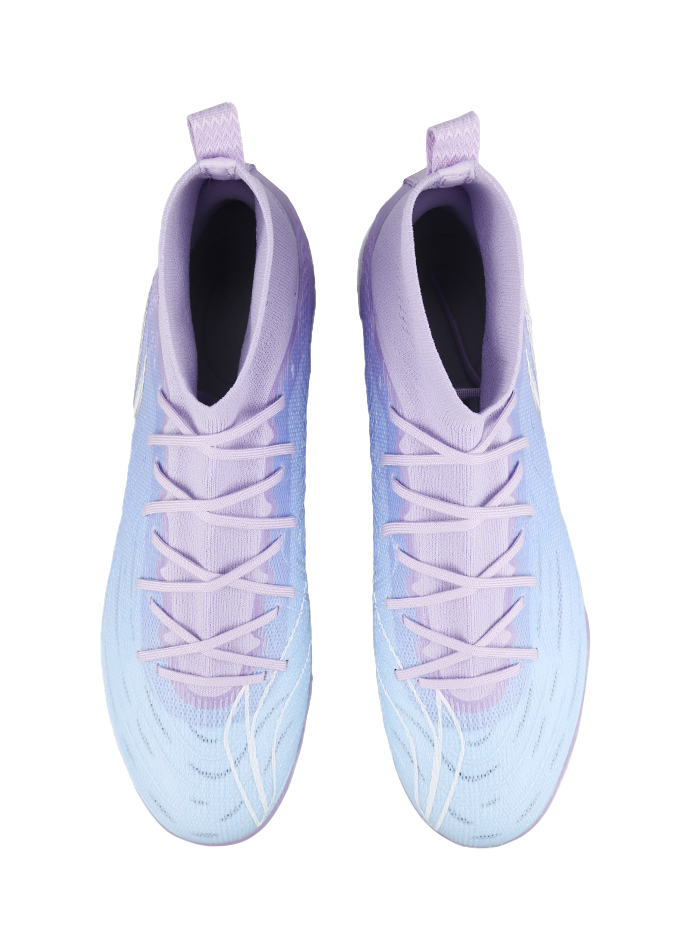 Blue and lavender turf soccer shoes, heel and collar view, with white laces