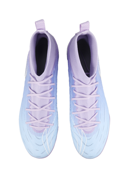 Blue and lavender turf soccer shoes, heel and collar view, with white laces