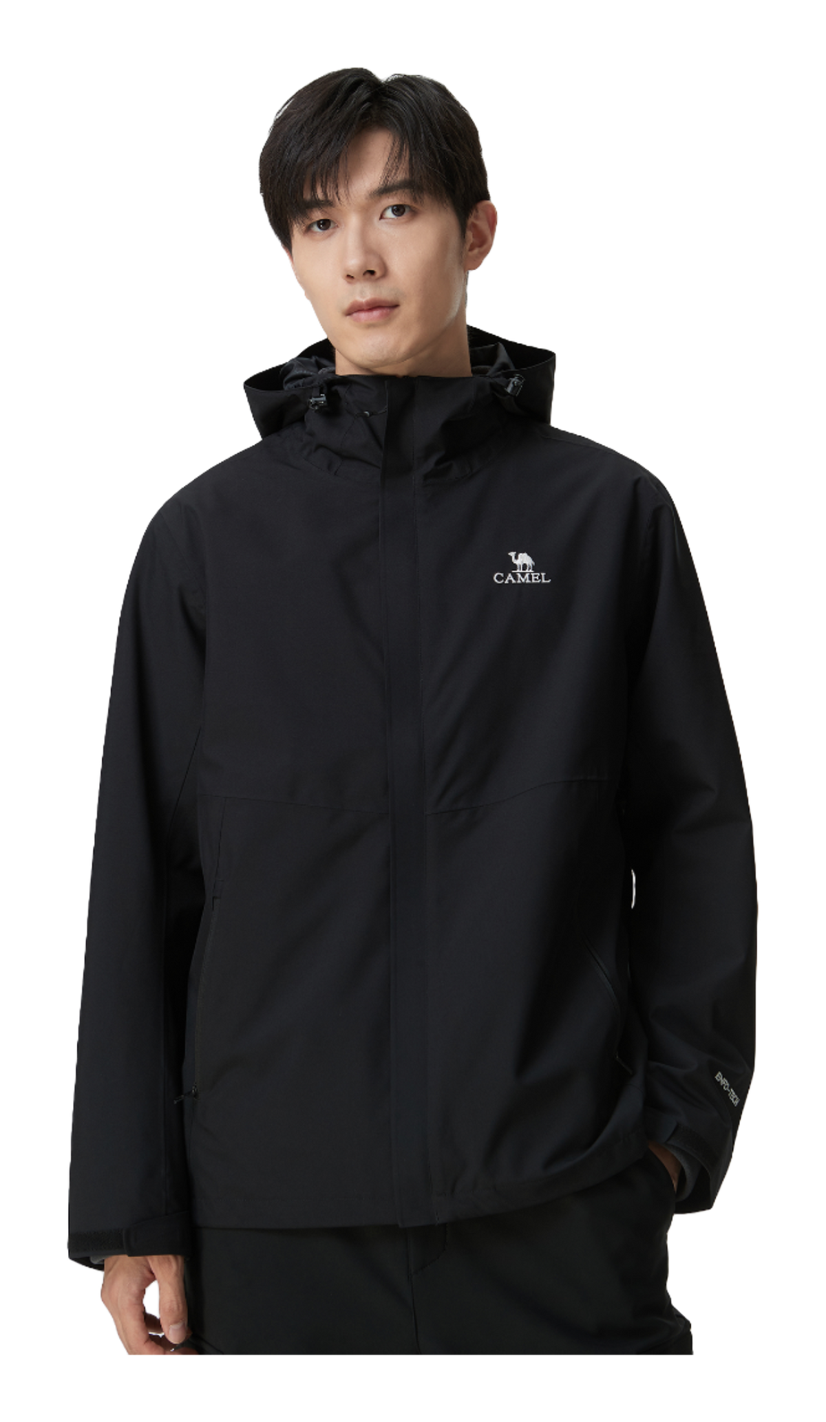 Black hooded windbreaker jacket with front zipper and chest logo