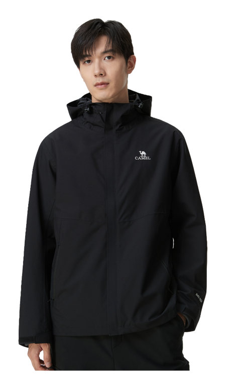 Black hooded windbreaker jacket with front zipper and chest logo
