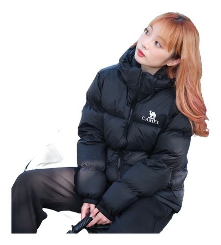 Dark navy hooded puffer jacket with CAMEL logo patch and zip front