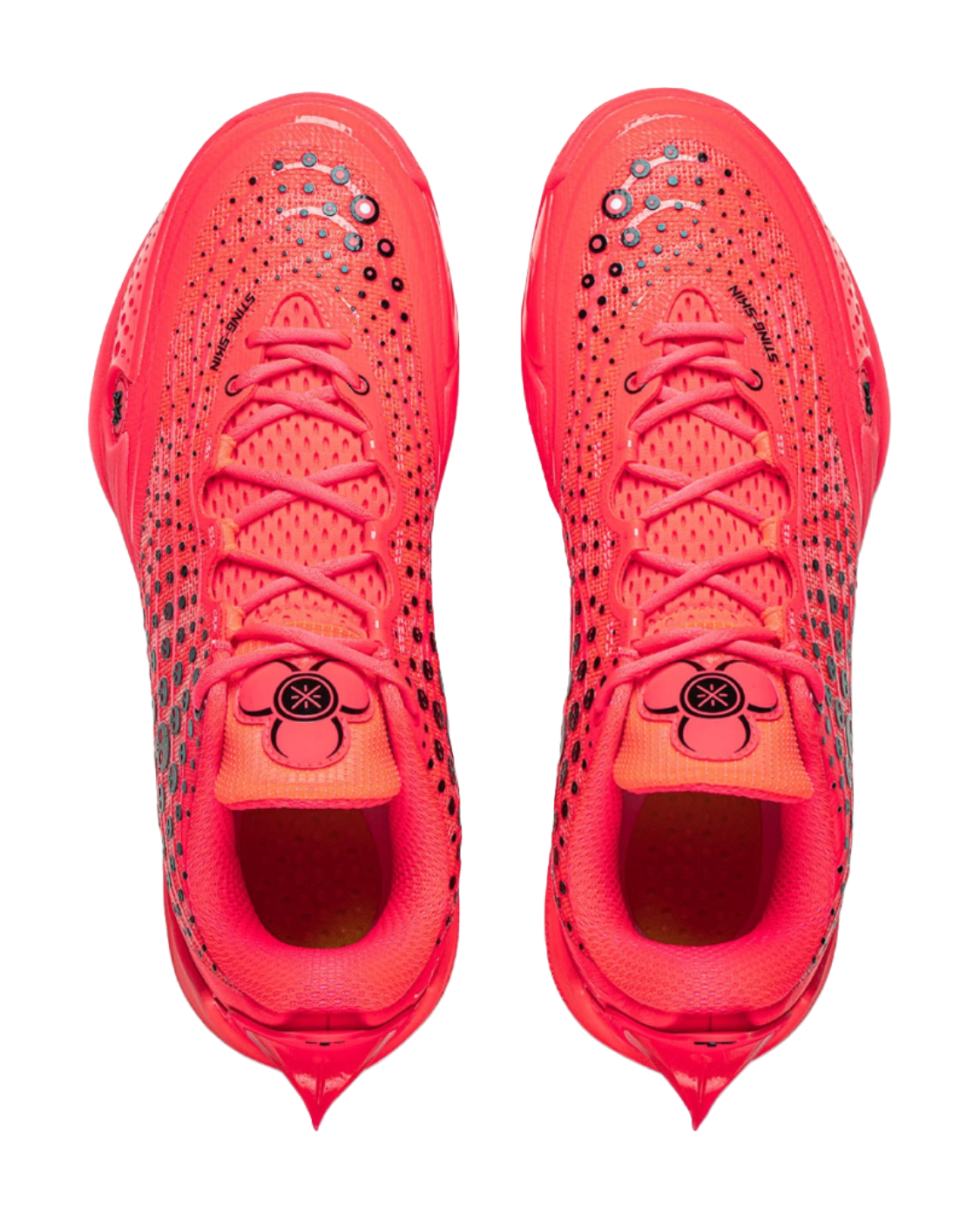 Fluorescent red basketball shoes, front view with lace-up and black star-like logo