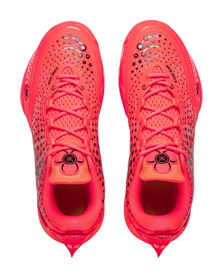 Fluorescent red basketball shoes, front view with lace-up and black star-like logo