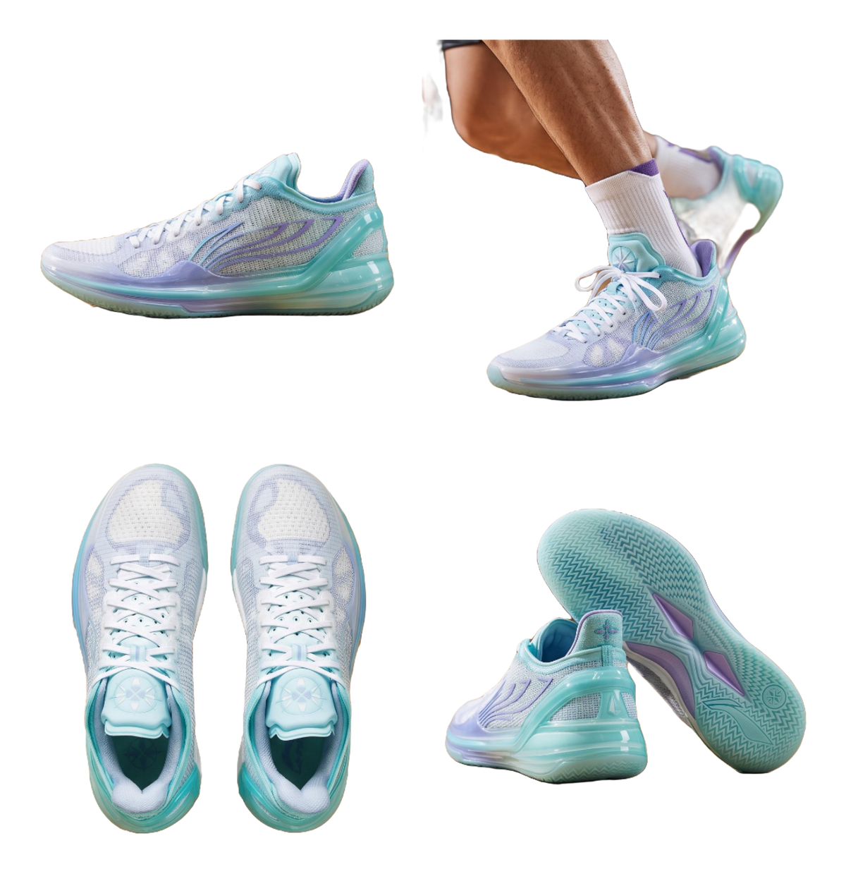 Multi-angle view of low-top basketball shoes in light blue and teal with white laces