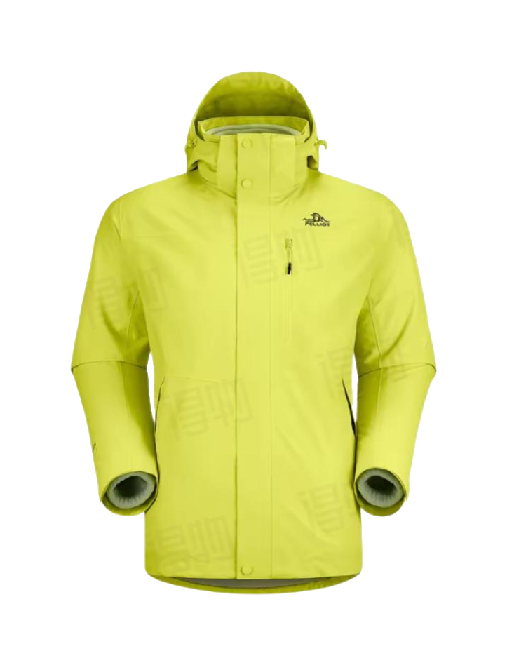 Men's lime green 3-in-1 windbreaker jacket with hood, full zip, chest pocket