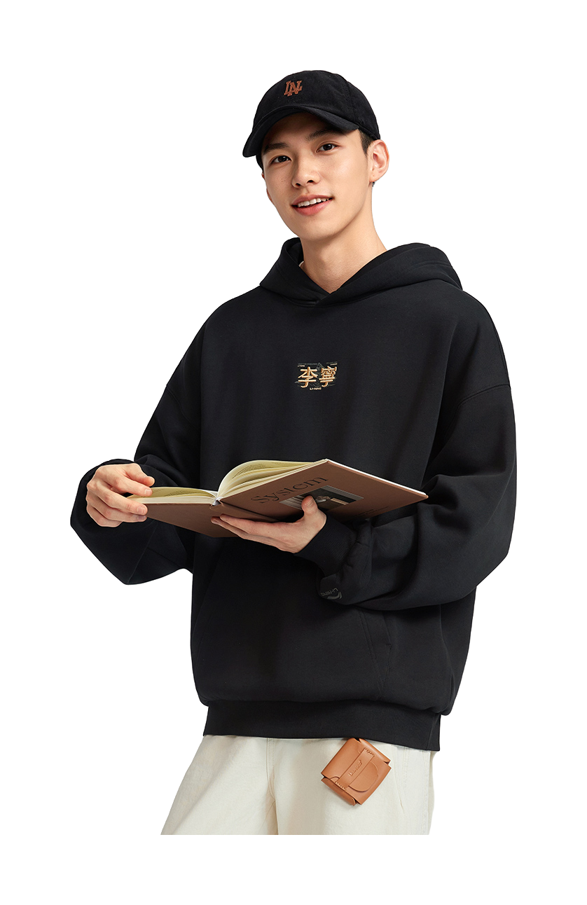 Black hooded pullover with embroidered chest logo and pouch pocket