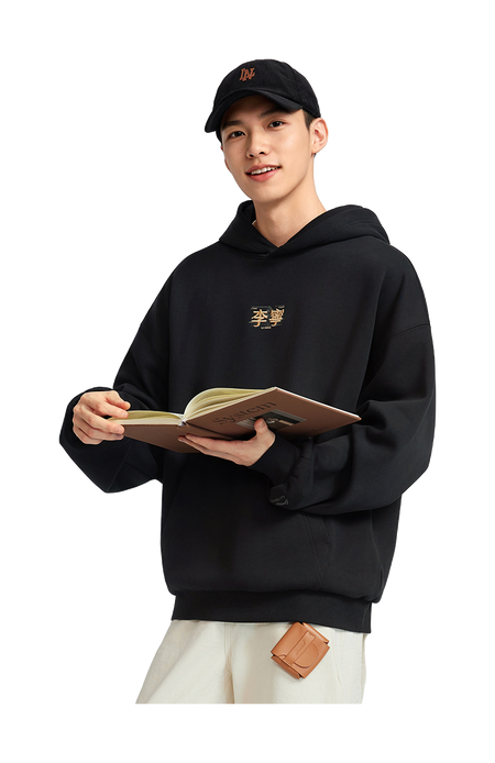 Black hooded pullover with embroidered chest logo and pouch pocket