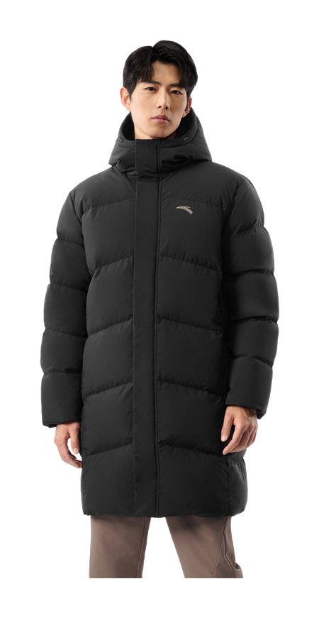 Men's black long puffer down jacket with hood, front view worn