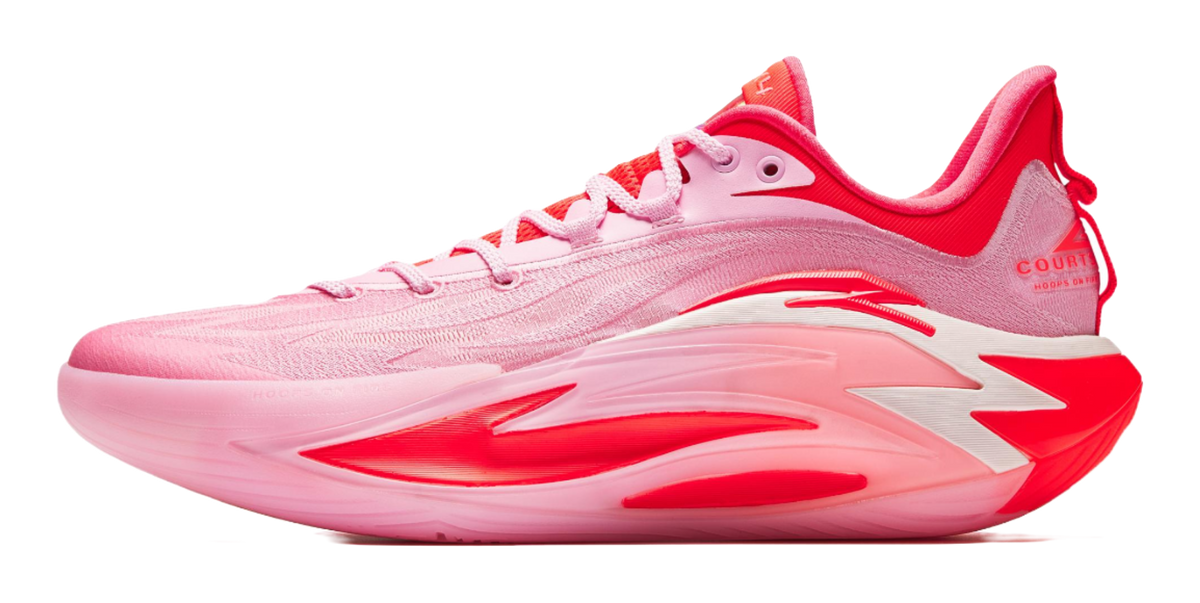 Pink and red basketball shoe with lace-up upper and curved side panel accents