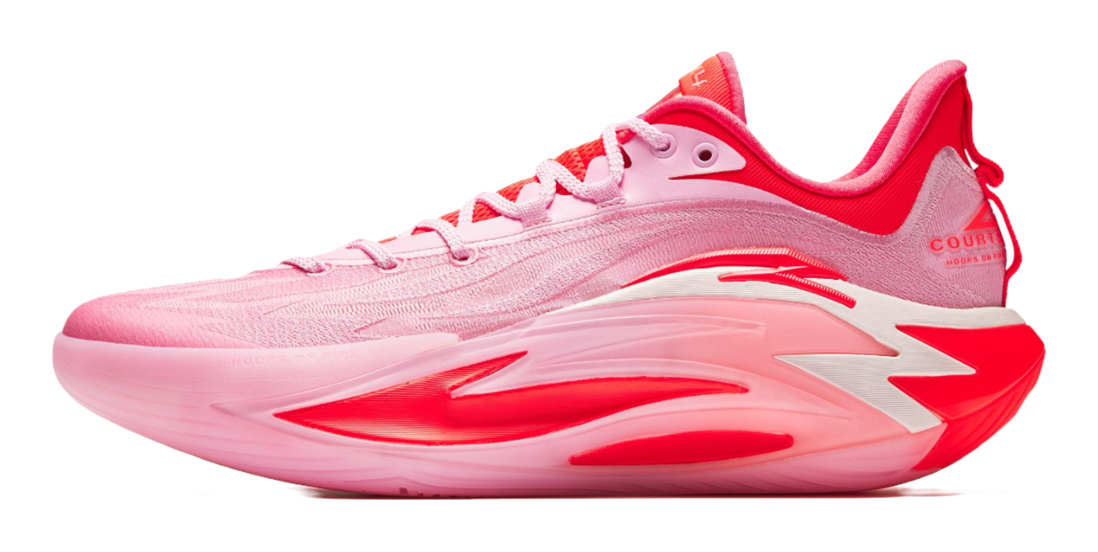 Pink and red basketball shoe with lace-up upper and curved side panel accents
