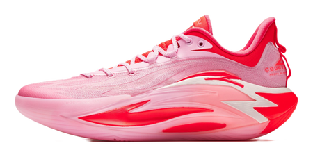 Pink and red basketball shoe with lace-up upper and curved side panel accents