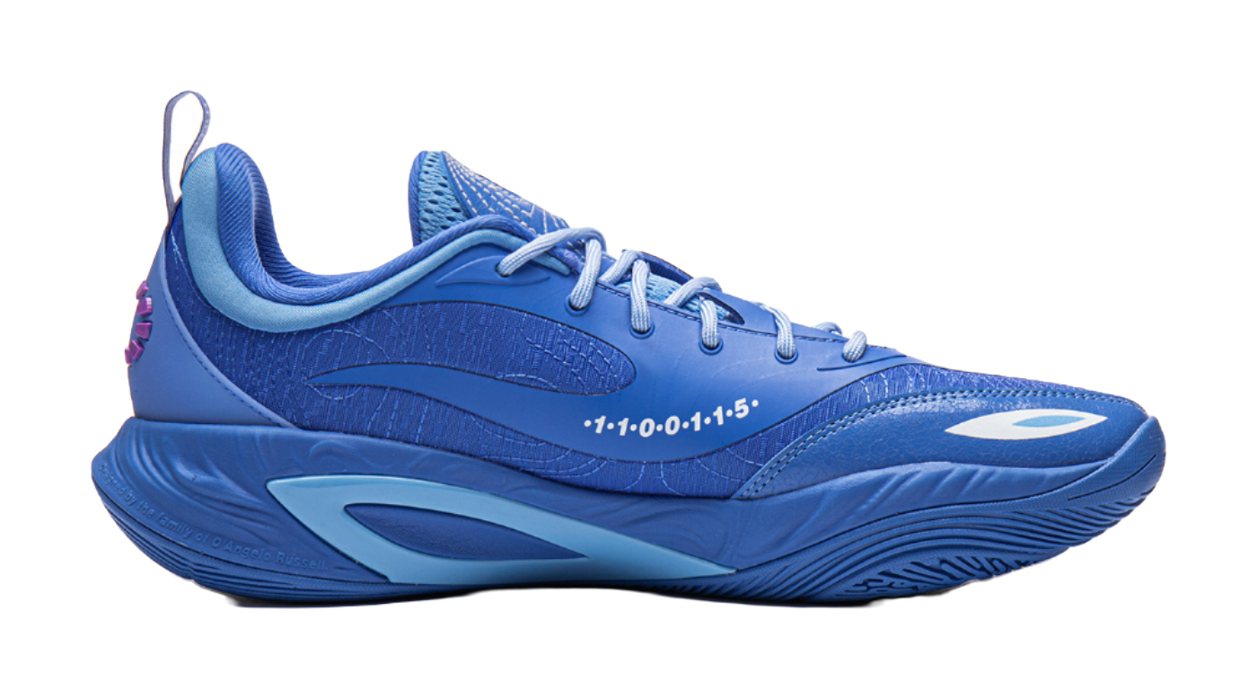 Blue lace-up basketball shoe with white heel panel and large side logo details