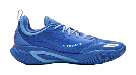 Blue lace-up basketball shoe with white heel panel and large side logo details