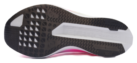 Shoe outsole with black traction pattern, white midfoot, and pink rim trim