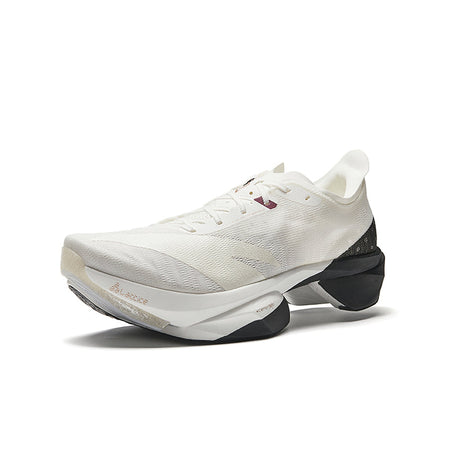 Unisex running shoes in white knit with black heel and midsole, side profile.