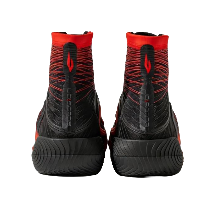 Black and red high-top basketball shoes, rear view with strap-like heel details