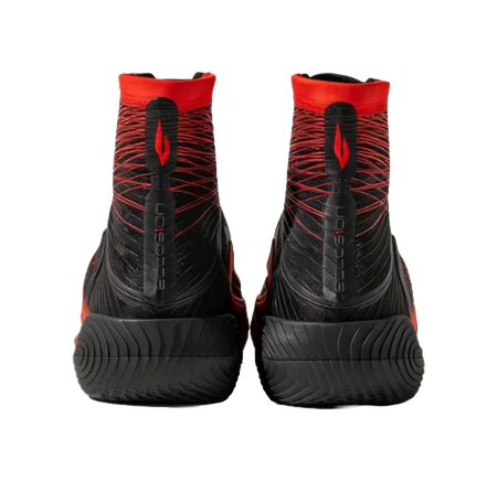 Black and red high-top basketball shoes, rear view with strap-like heel details