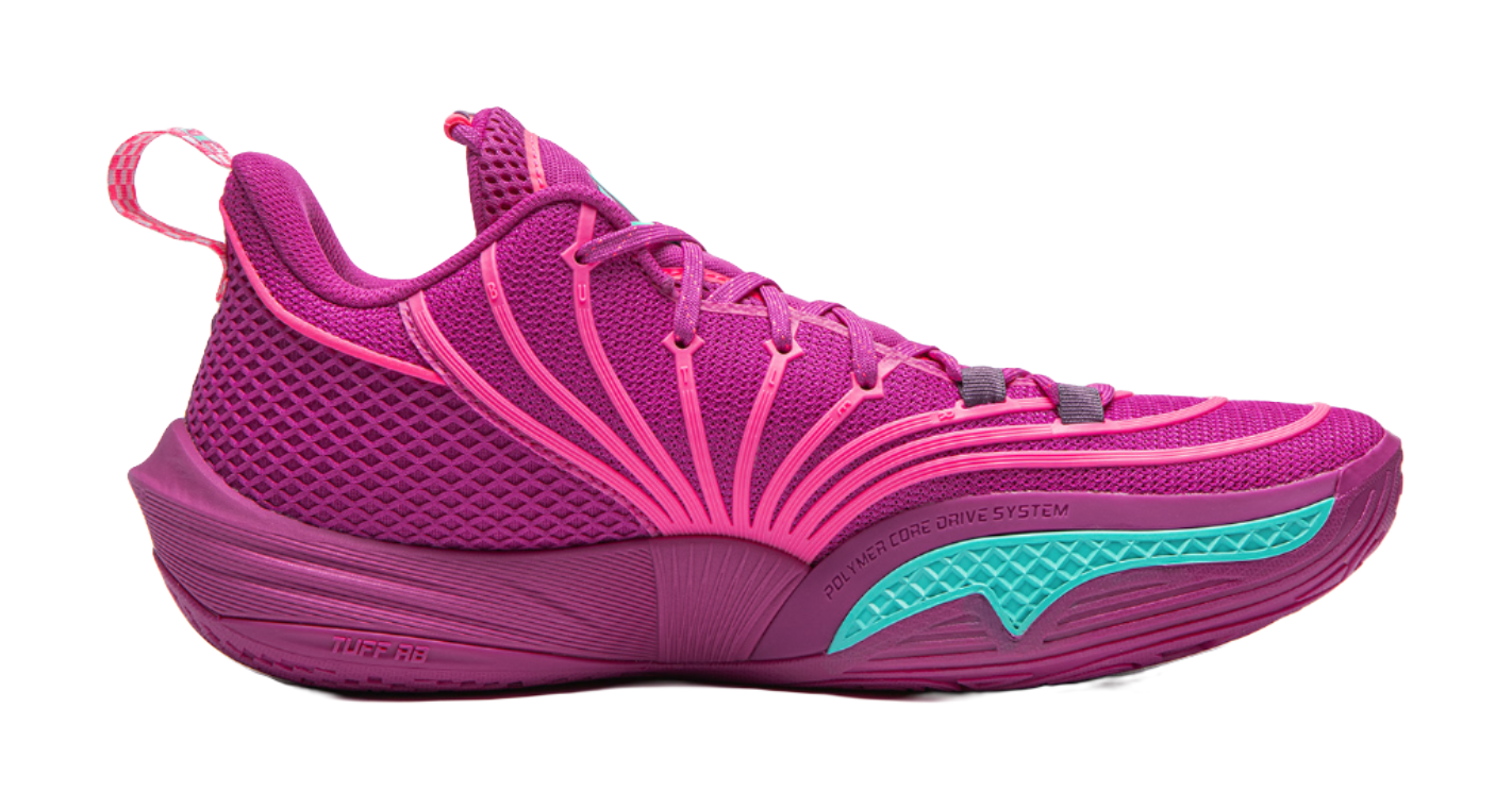 Purple basketball shoe side with teal heel panel and purple ribbed outsole.