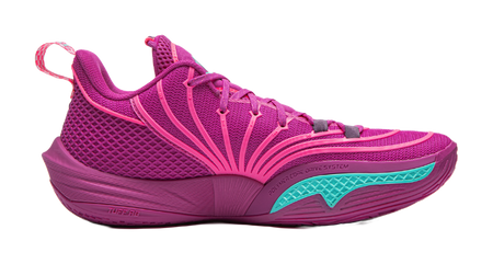 Purple basketball shoe side with teal heel panel and purple ribbed outsole.