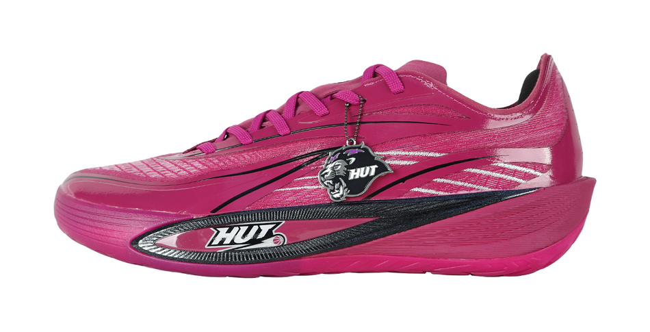 Red basketball shoe with lace-up design and black side logo detail