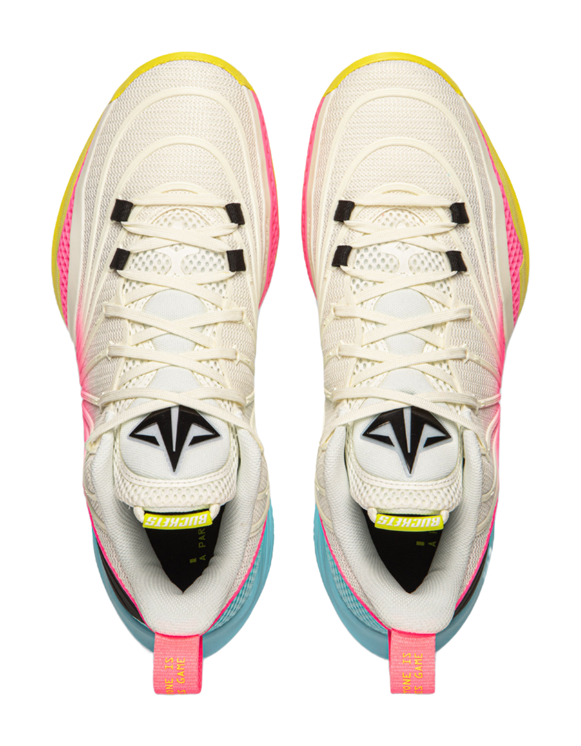 Pair of white lace-up basketball shoes with pink trim and Li-Ning logo on tongue.