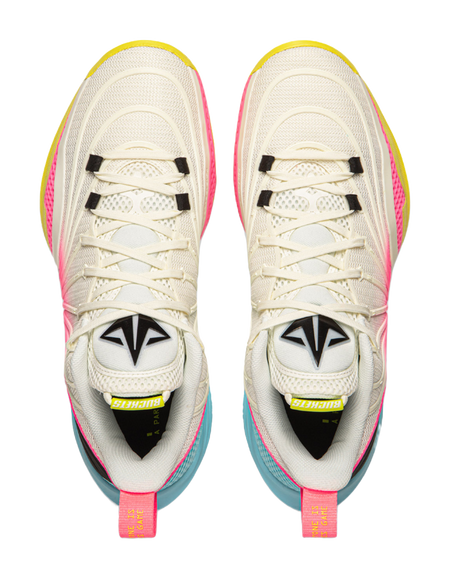 Pair of white lace-up basketball shoes with pink trim and Li-Ning logo on tongue.