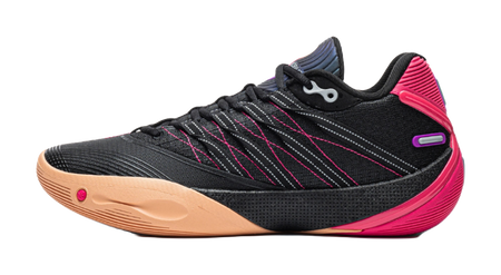 Low basketball shoe with black mesh upper, pink side accents, and gum outsole.