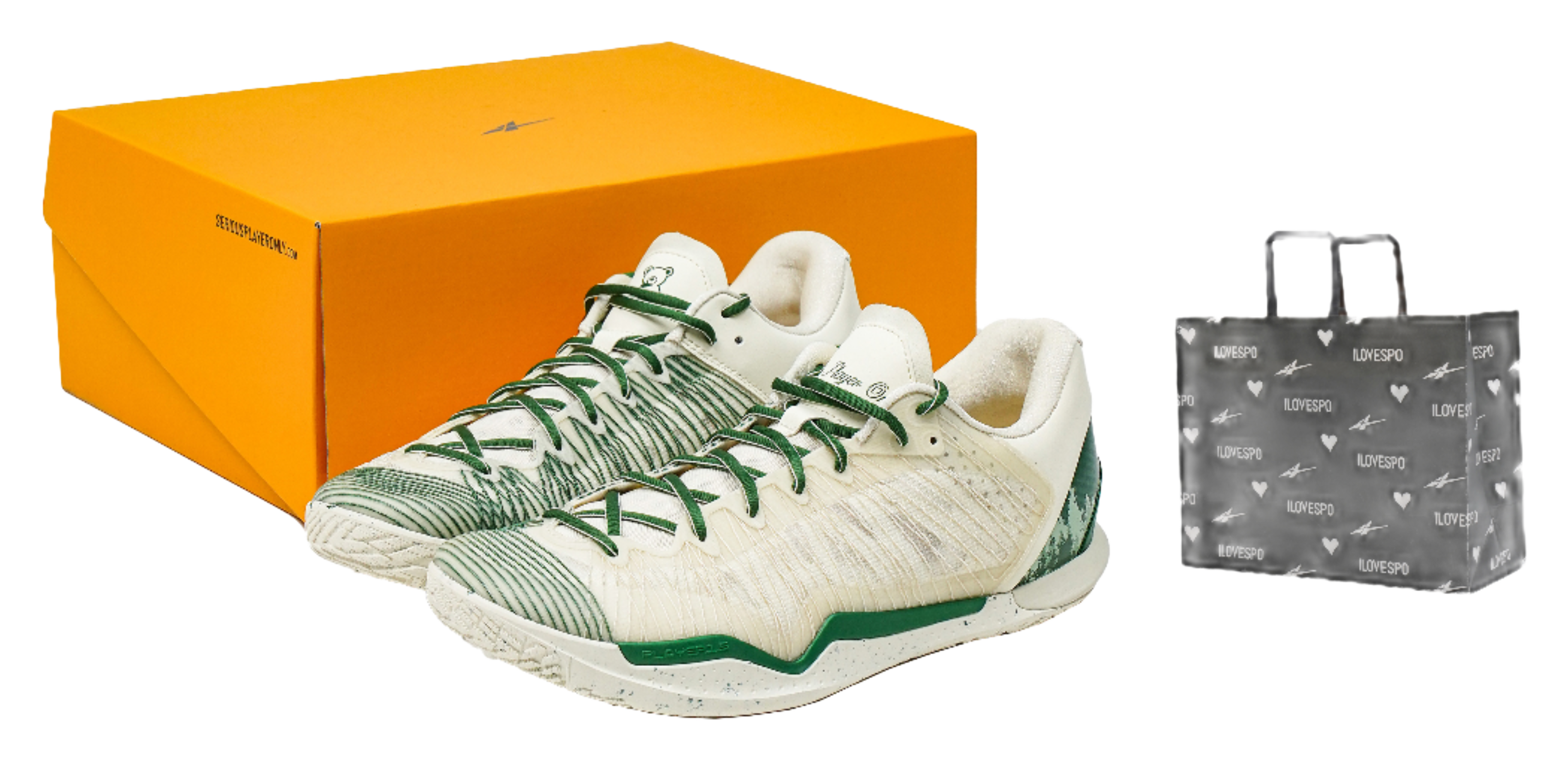Men's and women's basketball shoes, knit cream upper with green pattern and laces