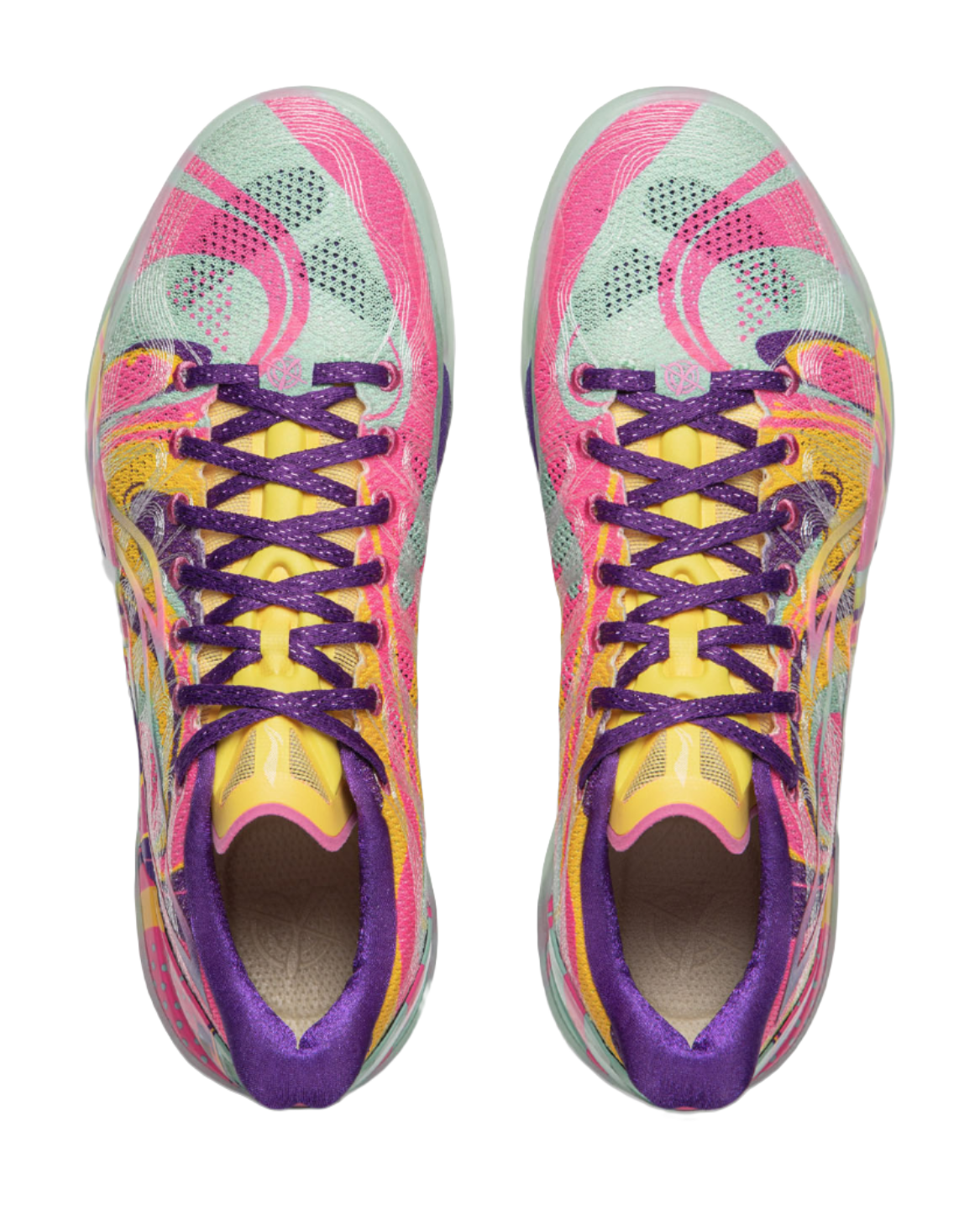 Pair of basketball shoes, purple laces and multicolor mesh uppers with mint soles.