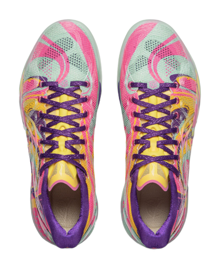 Pair of basketball shoes, purple laces and multicolor mesh uppers with mint soles.