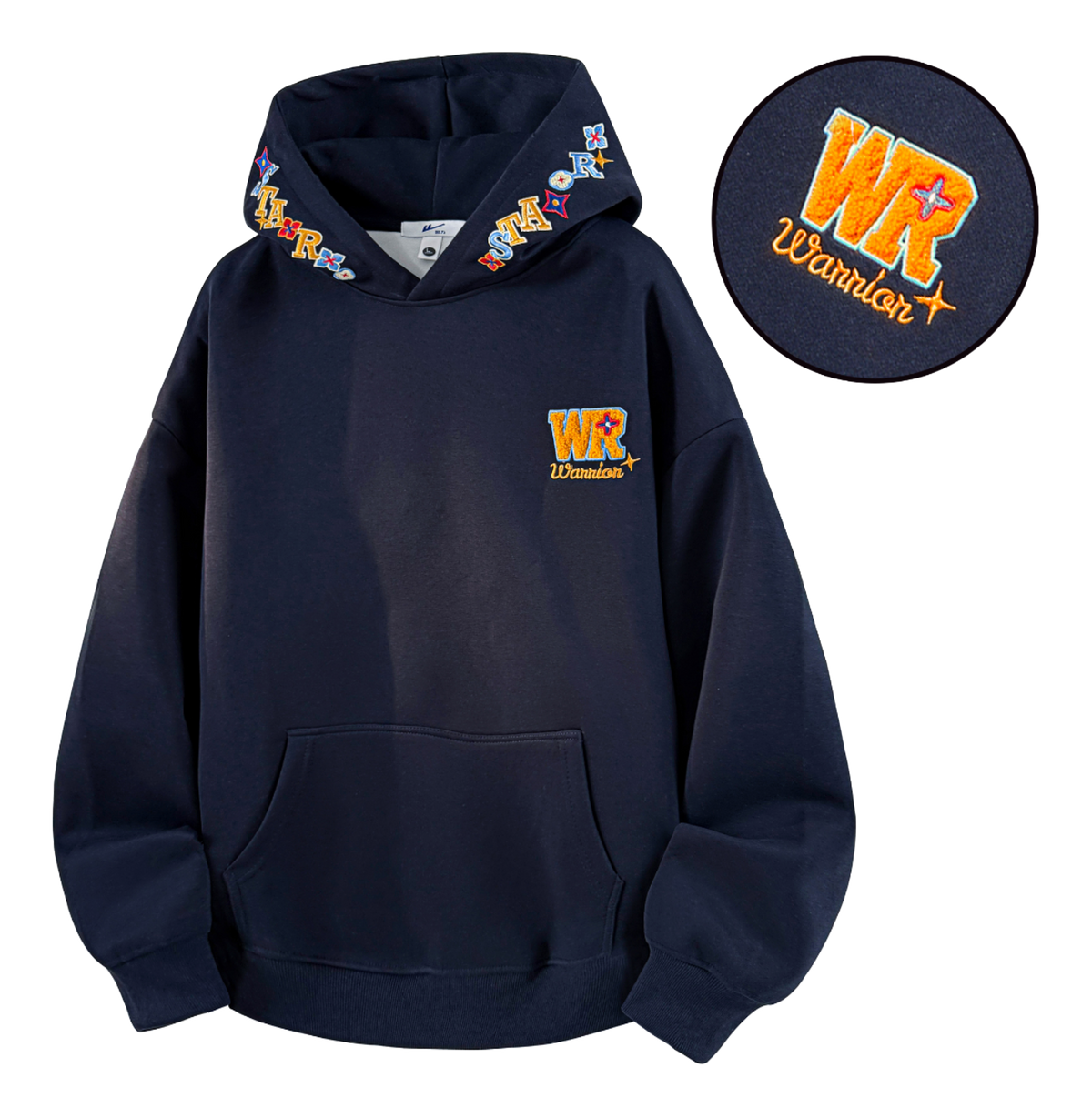 Warrior Warrior American Basic Retro Fun Embroidered Letter Logo Loose Casual Trend Versatile Windproof College Style Sports Couple Hooded Long Sleeve Thick Velvet Hoodie for Men and Women  vjsneaker.com