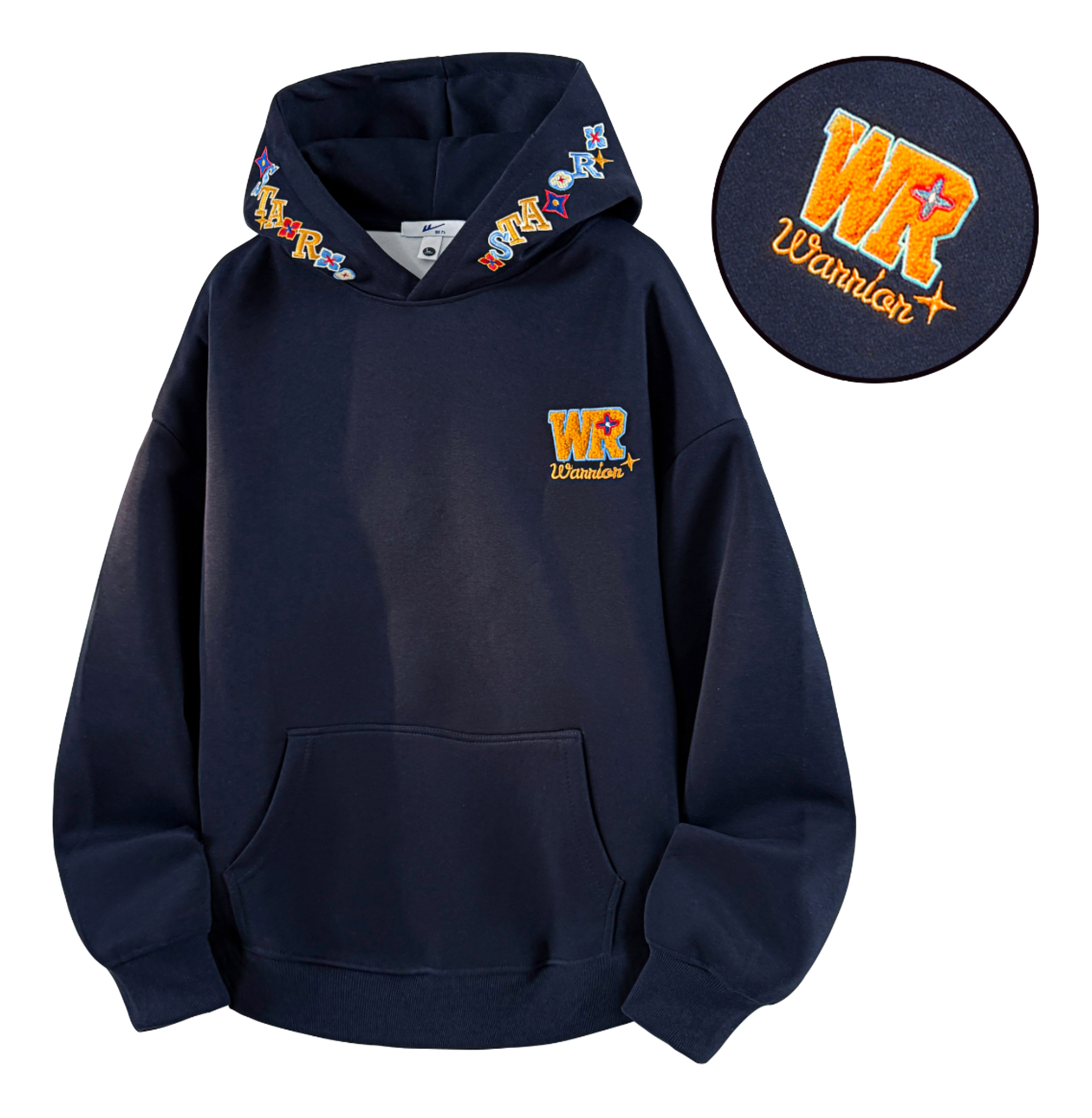 Warrior Warrior American Basic Retro Fun Embroidered Letter Logo Loose Casual Trend Versatile Windproof College Style Sports Couple Hooded Long Sleeve Thick Velvet Hoodie for Men and Women  vjsneaker.com