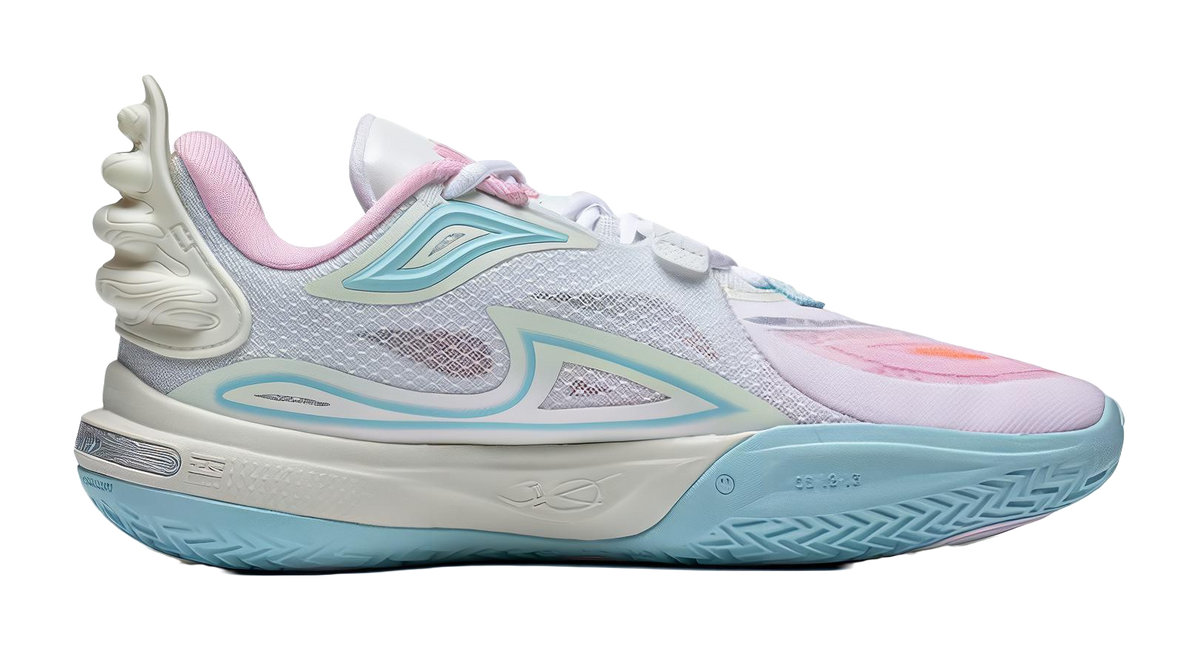 Kids low-top sneakers with lace-up front, pastel purple and aqua panels, padded collar