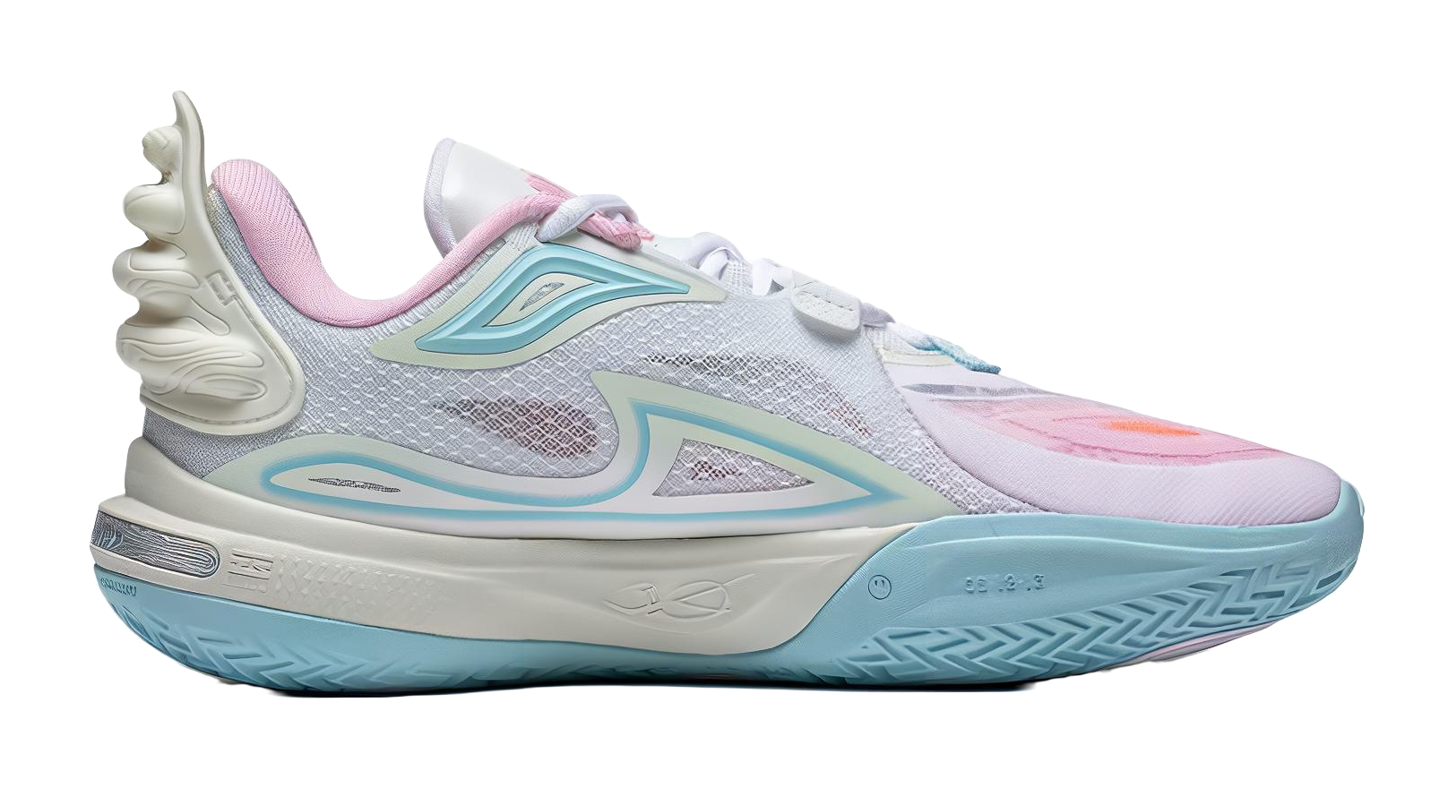 Kids low-top sneakers with lace-up front, pastel purple and aqua panels, padded collar