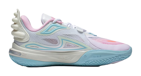 Kids low-top sneakers with lace-up front, pastel purple and aqua panels, padded collar
