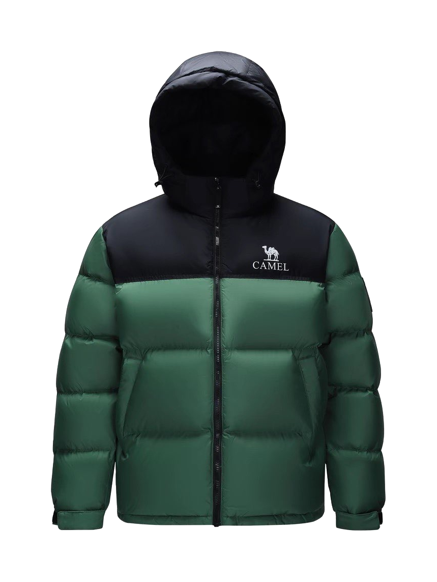 Unisex down puffer jacket, dark green body with black hood and CAMEL chest logo