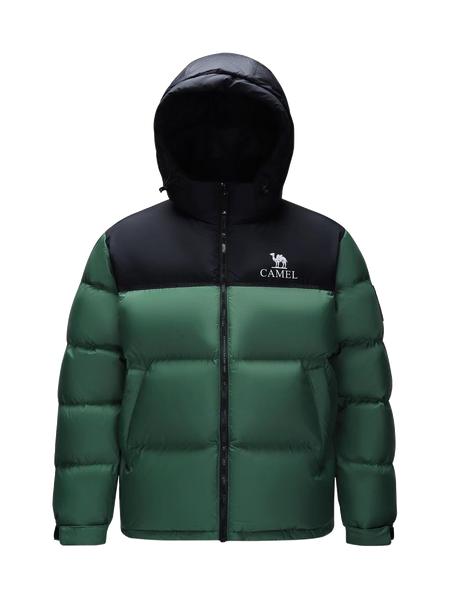 Unisex down puffer jacket, dark green body with black hood and CAMEL chest logo