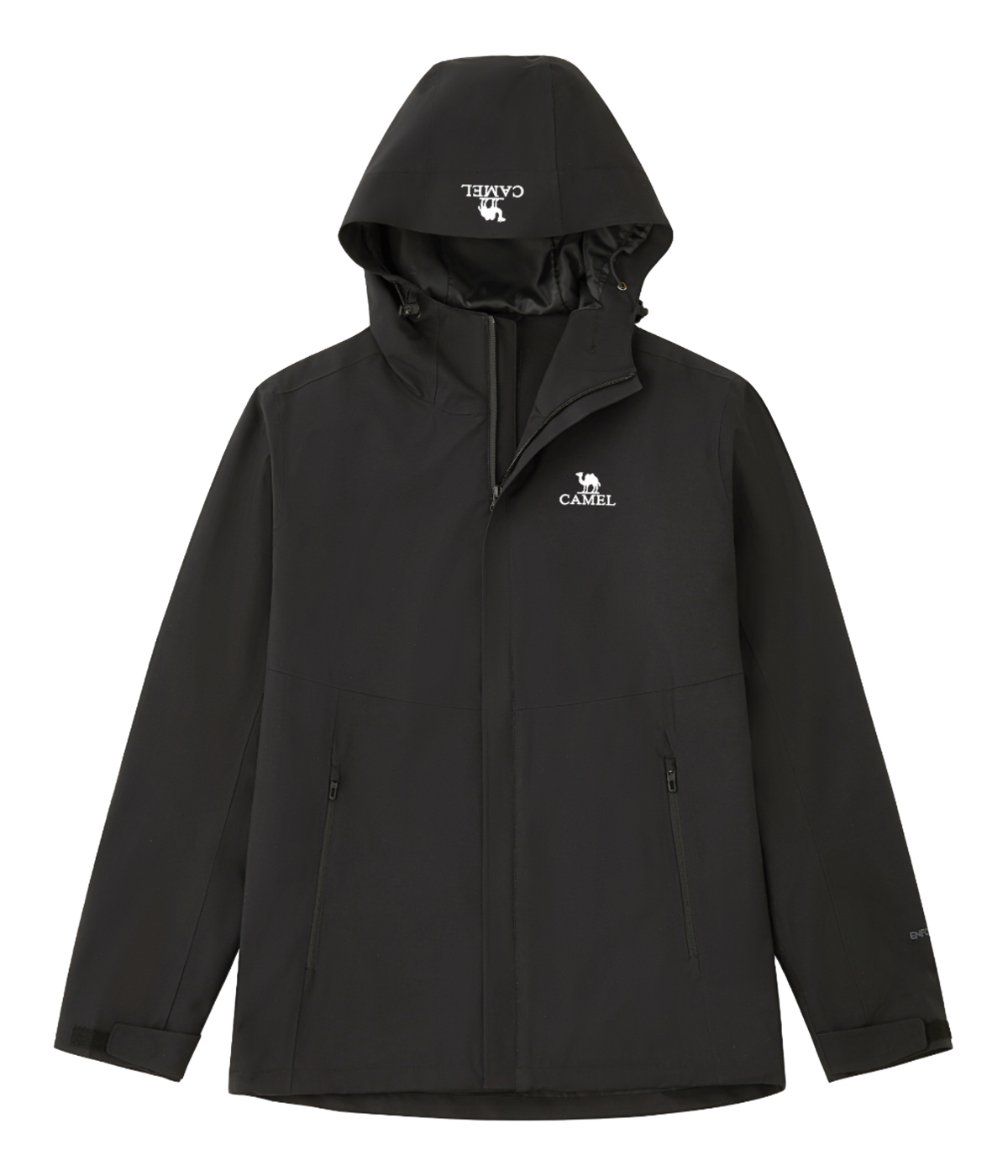 Men's black hooded windbreaker jacket with front zipper and side pockets