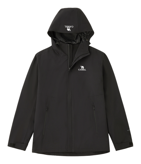 Men's black hooded windbreaker jacket with front zipper and side pockets