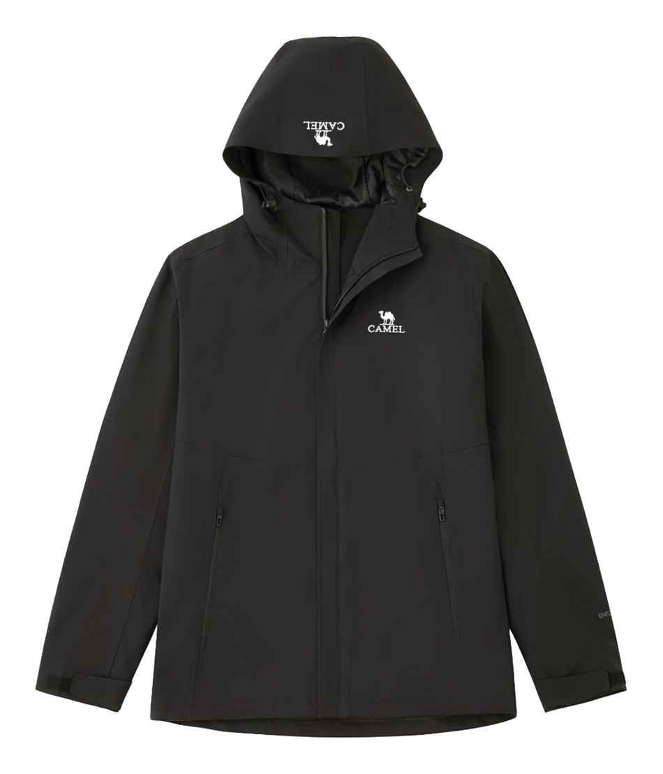 Men's black hooded windbreaker jacket with front zipper and side pockets